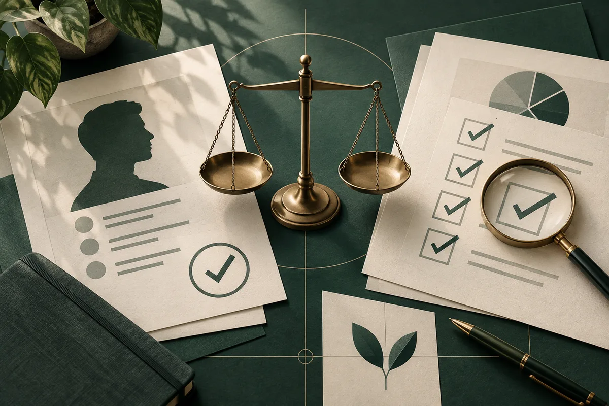 A top-down view shows a brass balance scale between a profile page with a circled checkmark and checklist pages with a pie chart and magnifying glass. A leaf card, pen, book, and plants are also visible.
