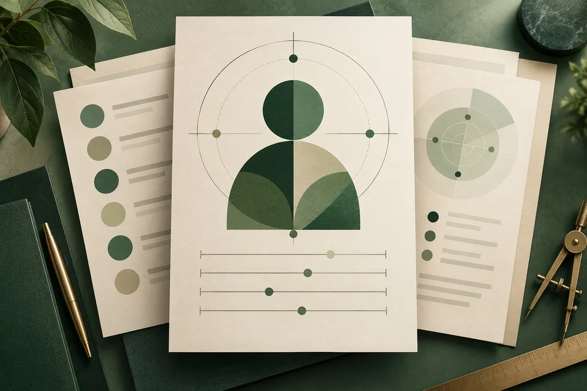 Cream report pages display a geometric green figure inside a circular diagram, with marker lines and color swatches; a pen and drafting compass lie on a dark green desk.
