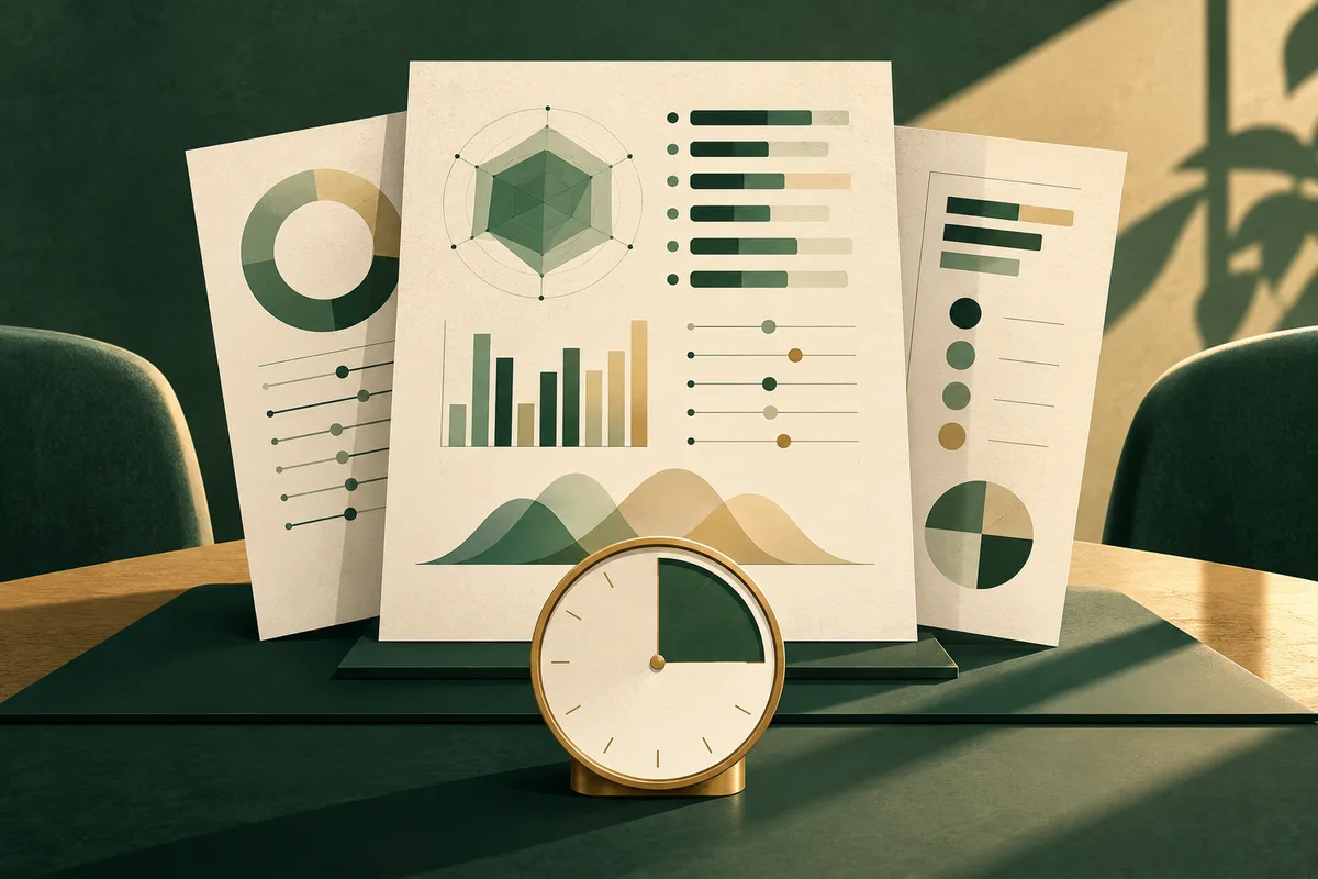 Three report pages with charts stand behind a small round clock on a table.