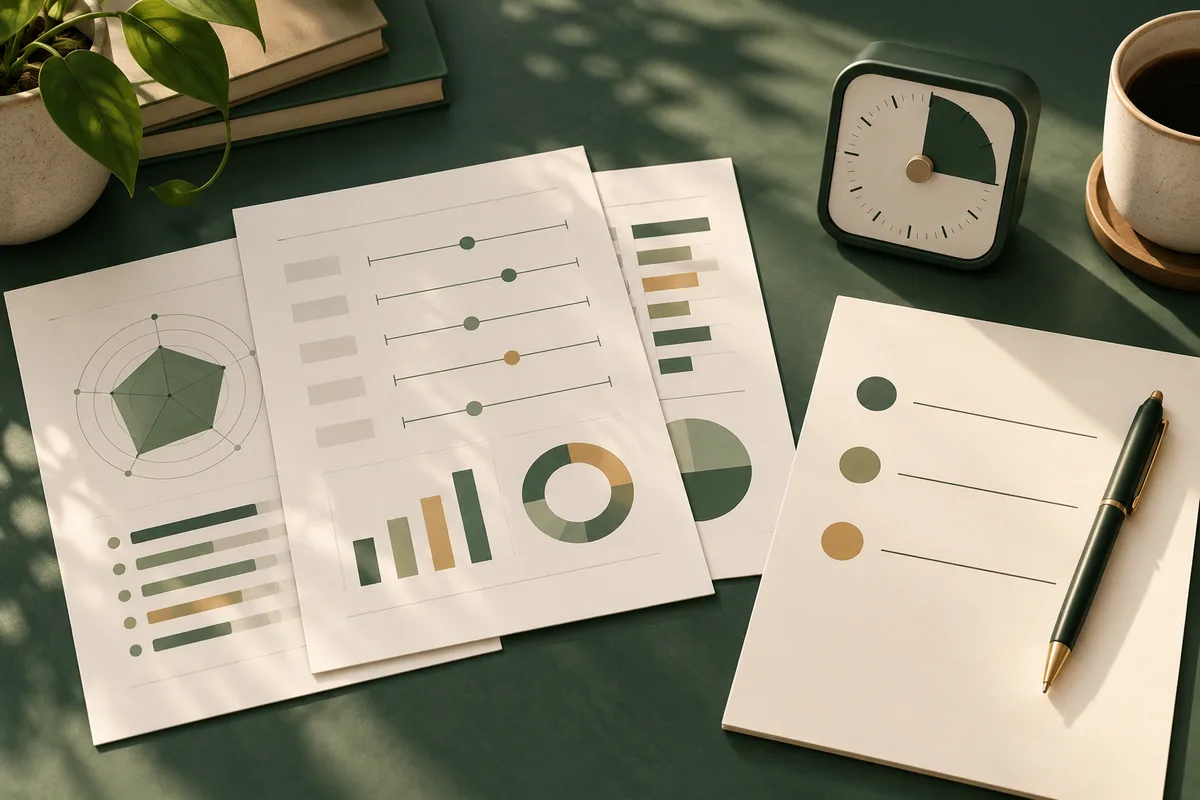 Report pages with charts, a blank page, and a pen sit beside a square clock, books, and a cup.