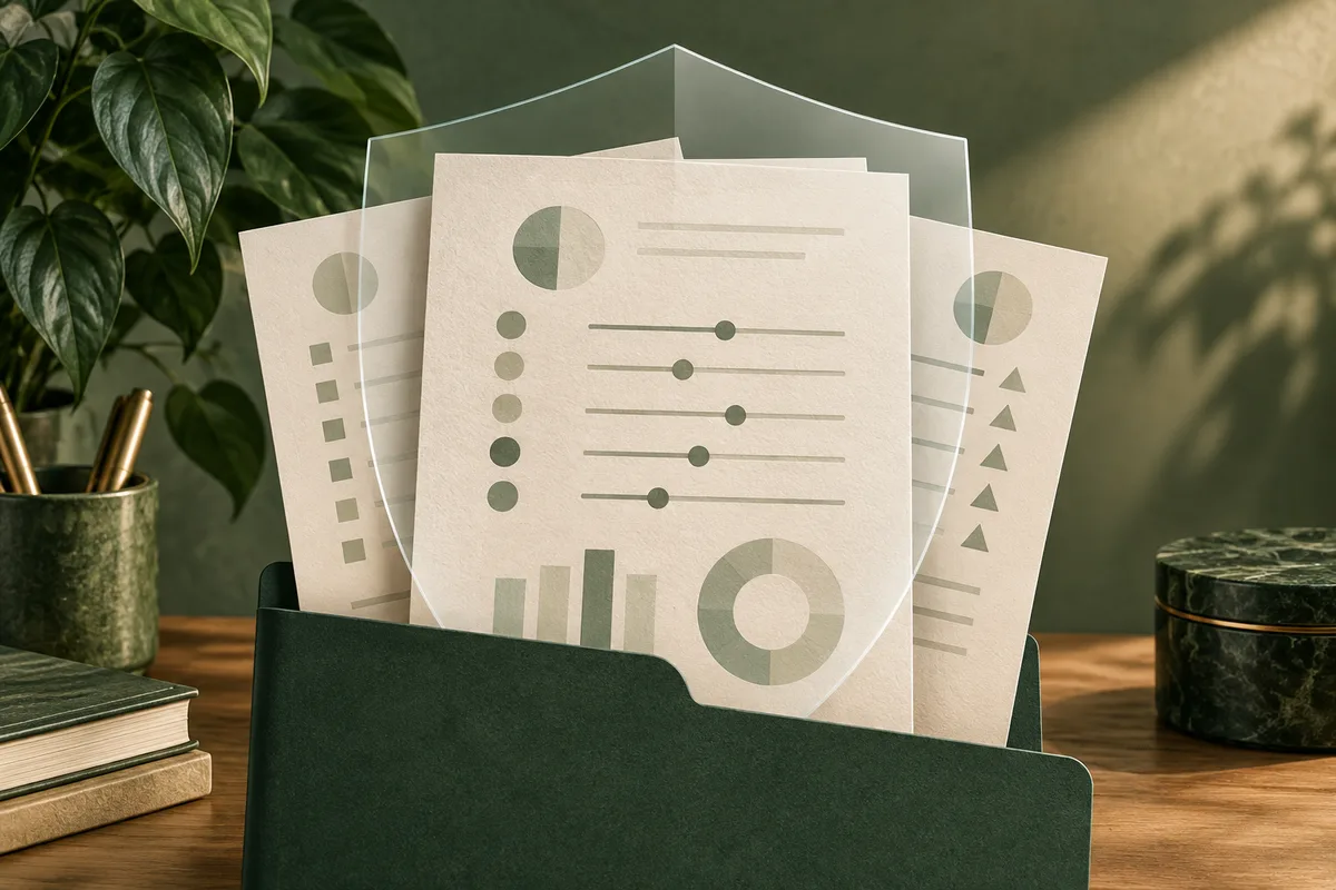 Chart-like papers with circles, bars, and slider lines sit in a dark green folder on a wooden desk beside a leafy plant, books, and a pen cup.