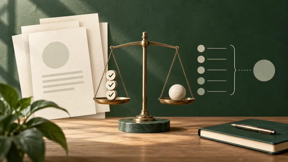 Abstract report pages sit beside a brass balance scale holding three check-mark tokens on one pan and a pale sphere on the other. A simple list graphic, a green book, and a pen complete the desk scene.