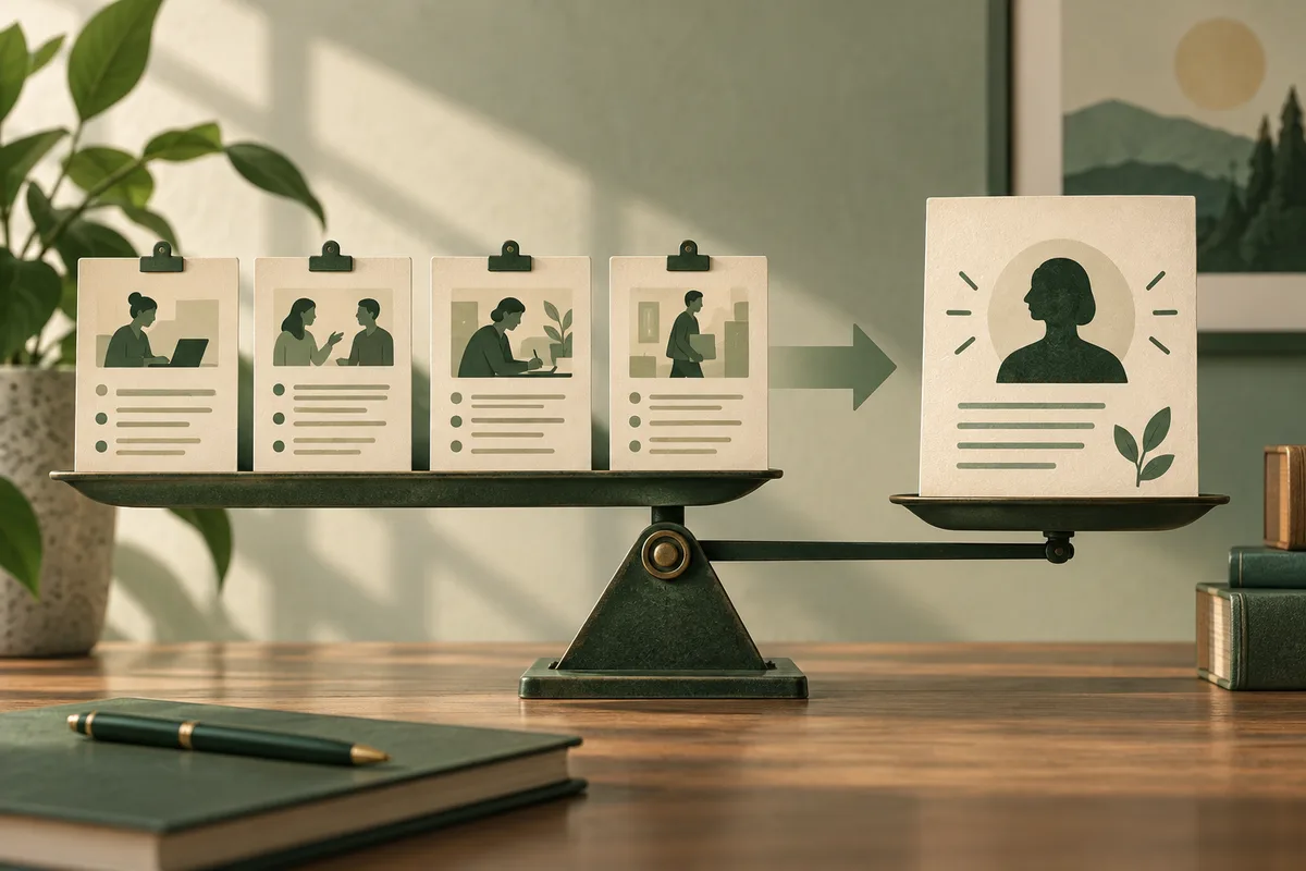 Four illustrated workplace observation cards point toward a single profile card, arranged on opposite sides of a balance scale.