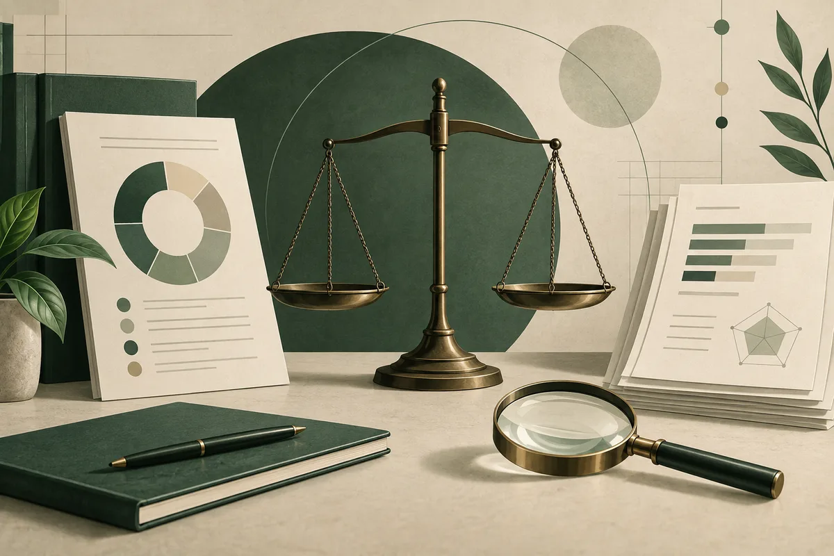 A balance scale stands between report pages with charts, beside a magnifying glass and pen.