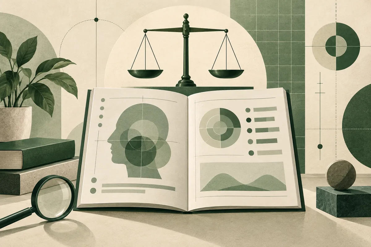 An open illustrated book shows an abstract profile, circular charts, and lines beside a balance scale, magnifying glass, plant, and geometric wall designs.