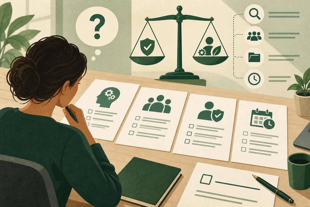 A seated person reviews illustrated papers at a desk, with a question mark, balance scale, checklists, and search, group, folder, and clock icons visible.