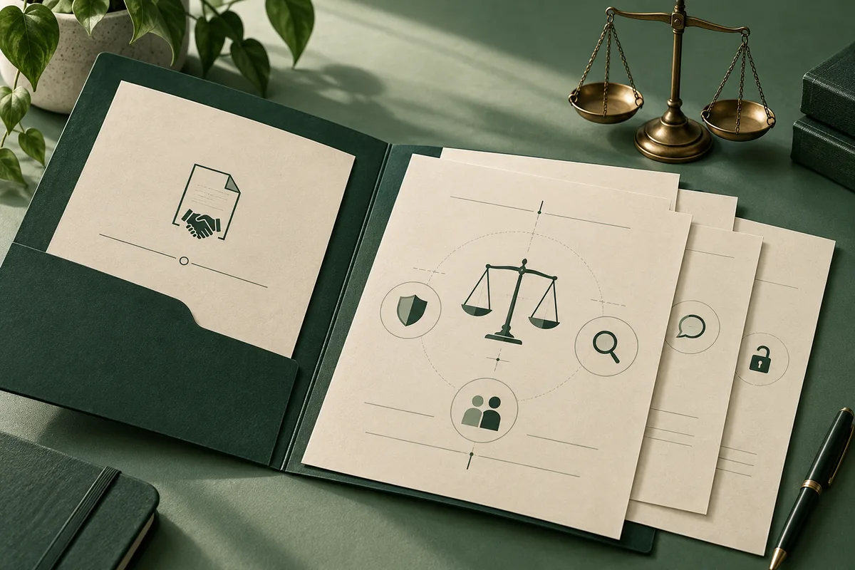 An open dark green folder holds illustrated papers with balance scales, a handshake, shield, search, group, speech bubble, and unlocked padlock icons.