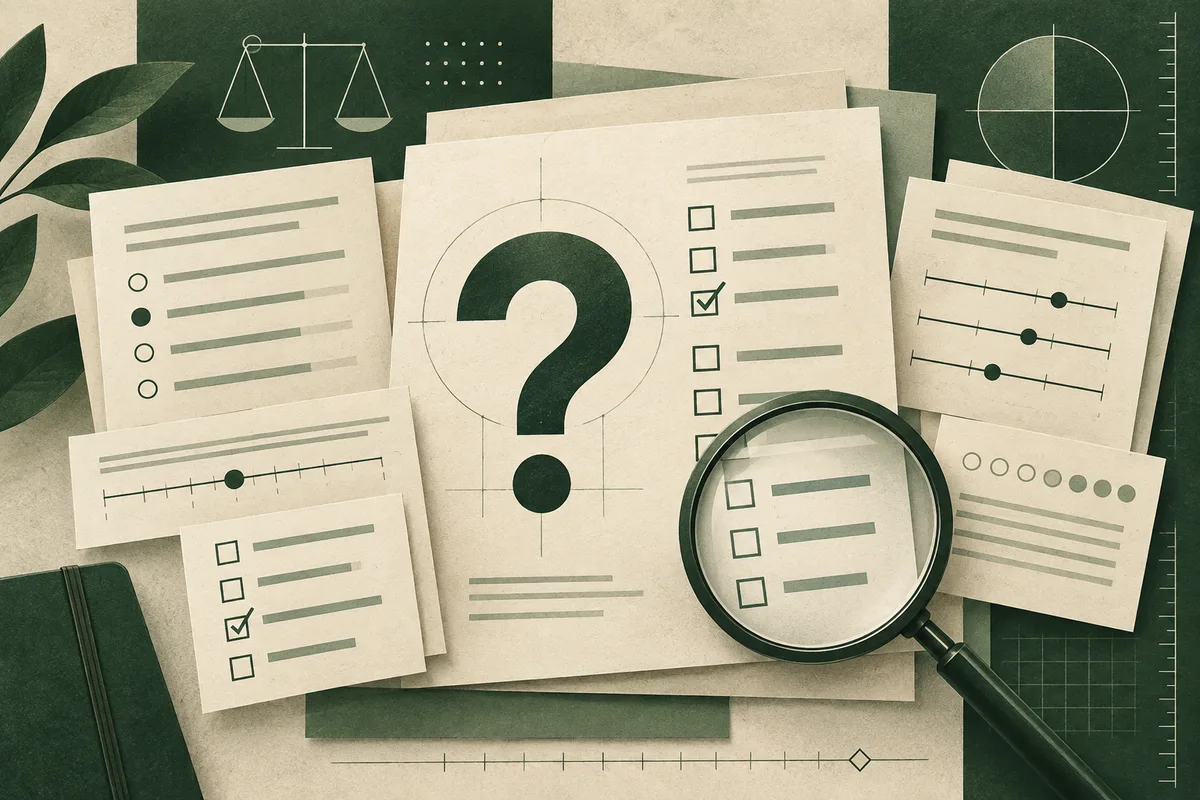 A large question mark on a paper surrounded by checklists, rating scales, a balance scale, and a magnifying glass.