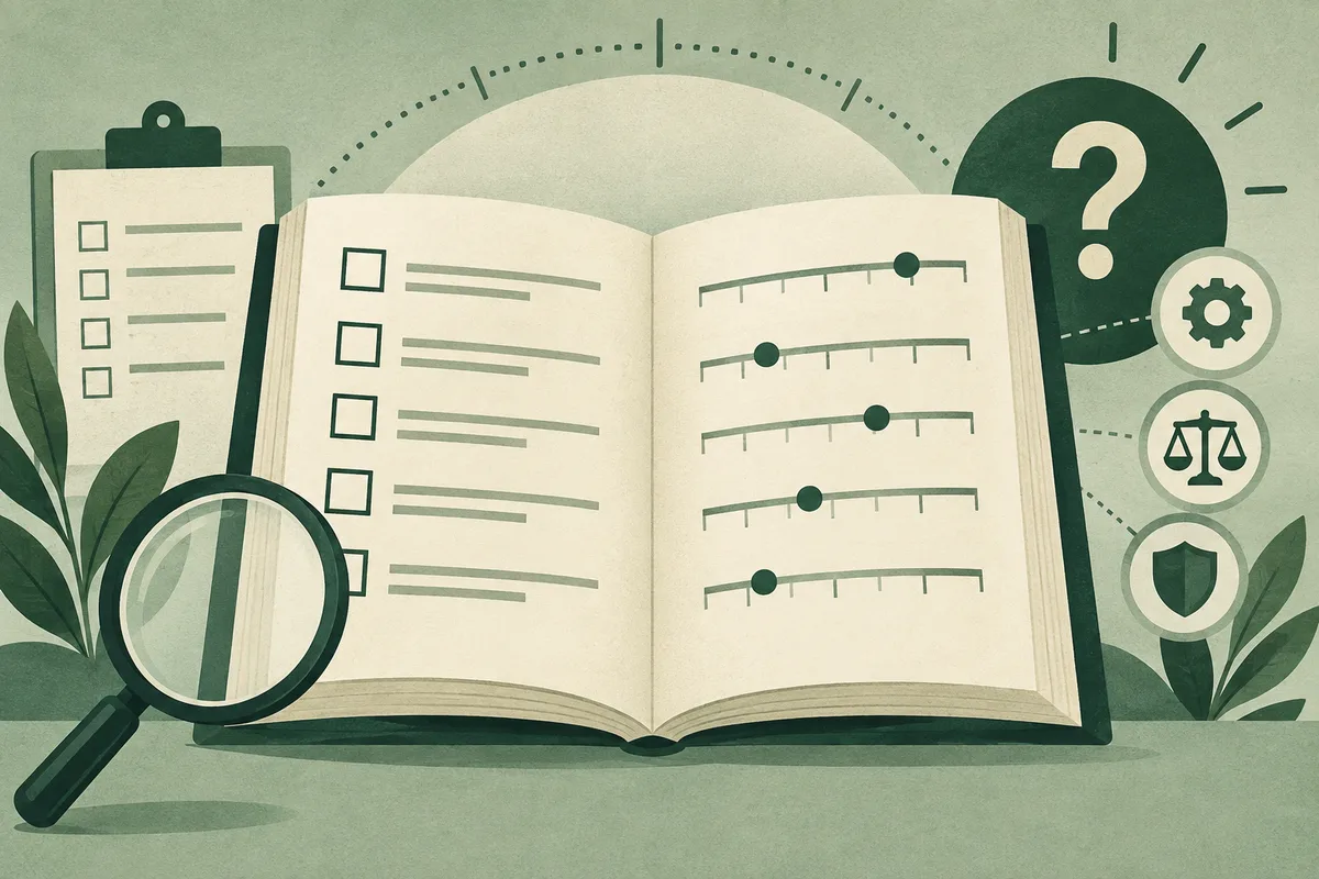 An open book displays checklists and rating scales beside a clipboard, magnifying glass, question mark, gear, balance scale, and shield icons.