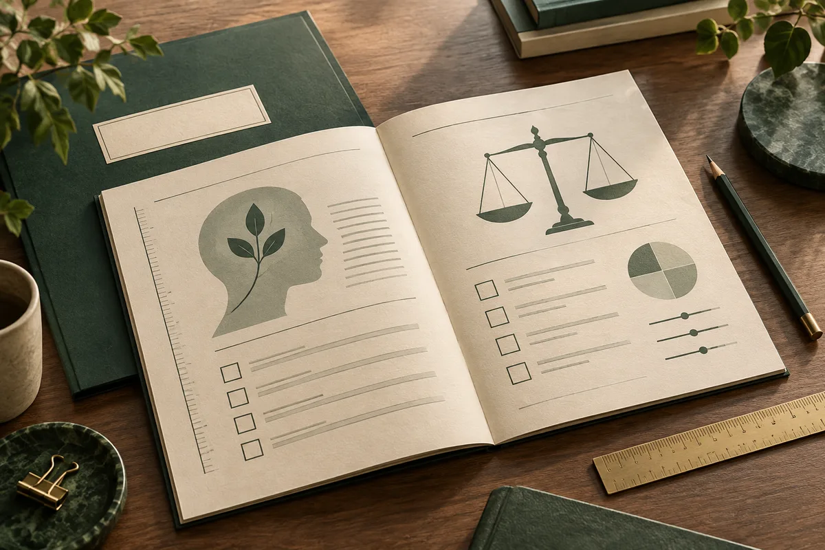 An open notebook on a wooden desk shows a profile silhouette with a leaf, a balance scale, checkboxes, a pie chart, and rating scales.