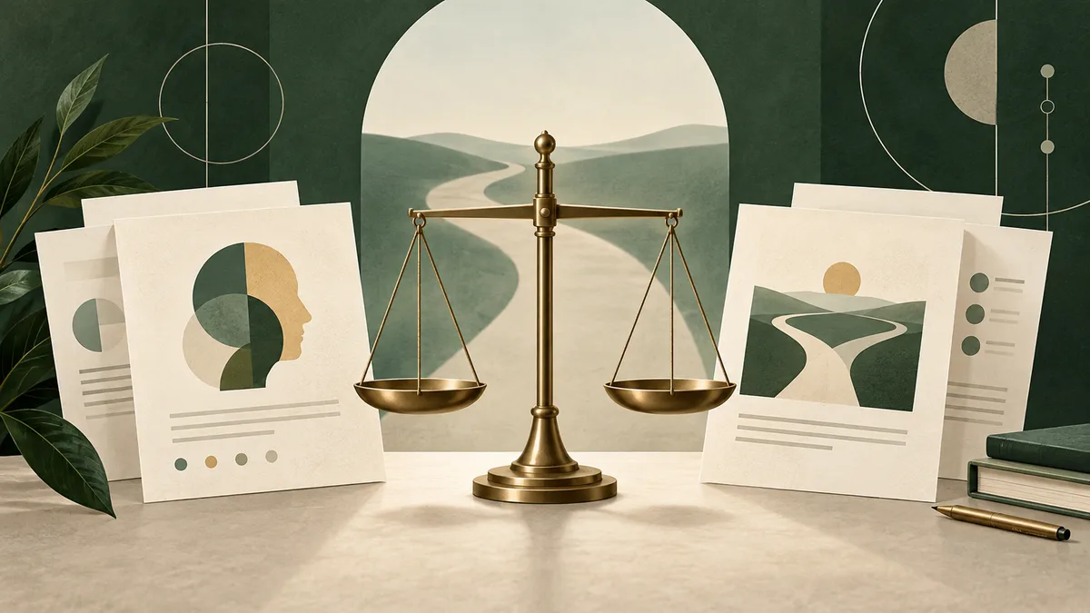 A brass balance scale stands between report pages with abstract profile and landscape graphics; leaves, books, and a pencil frame the scene.