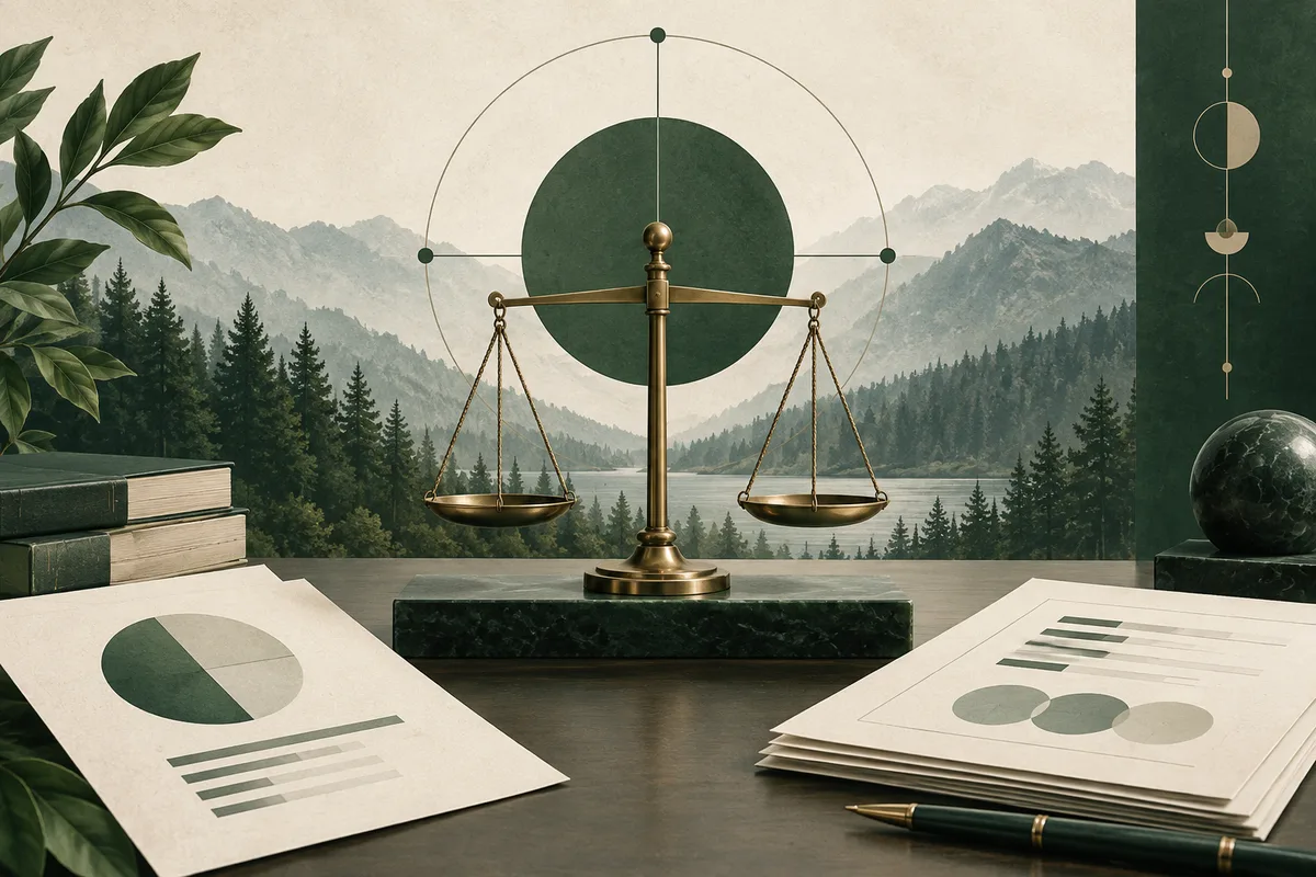 Brass balance scales stand before a forested mountain lake, with books and simple chart papers on a desk.