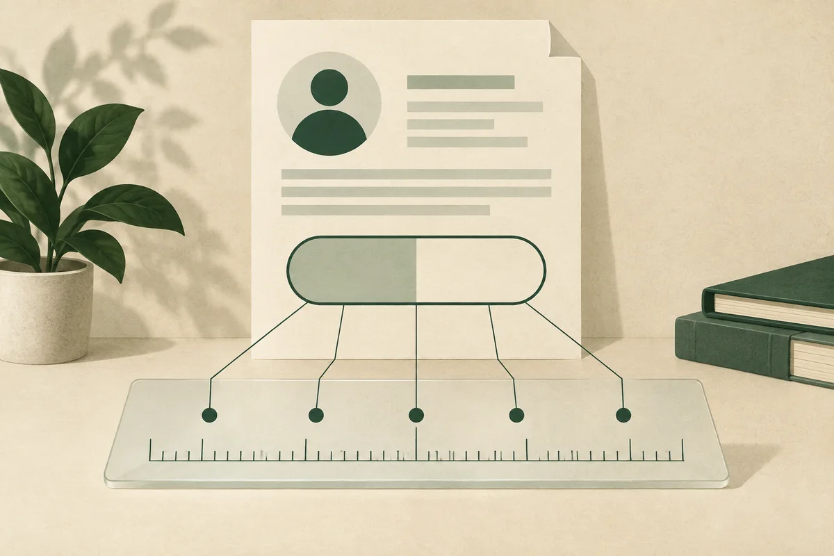 A profile sheet with a split oval and five markers connects to a measurement ruler, beside a potted plant and books.