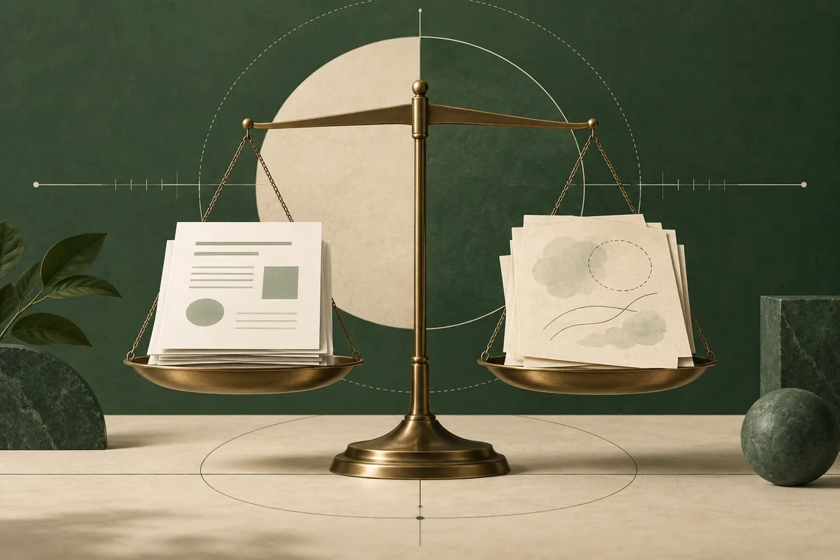 A brass balance scale holds stacks of report pages, with faint charts and marks on the papers, against a dark green background.