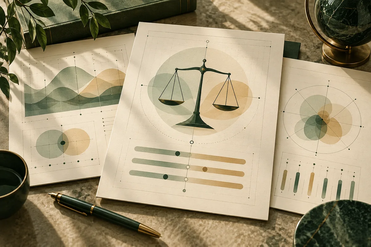 Cream report sheets display abstract charts and a balance scale, arranged with a dark green pen, cup, leaves, and a globe.