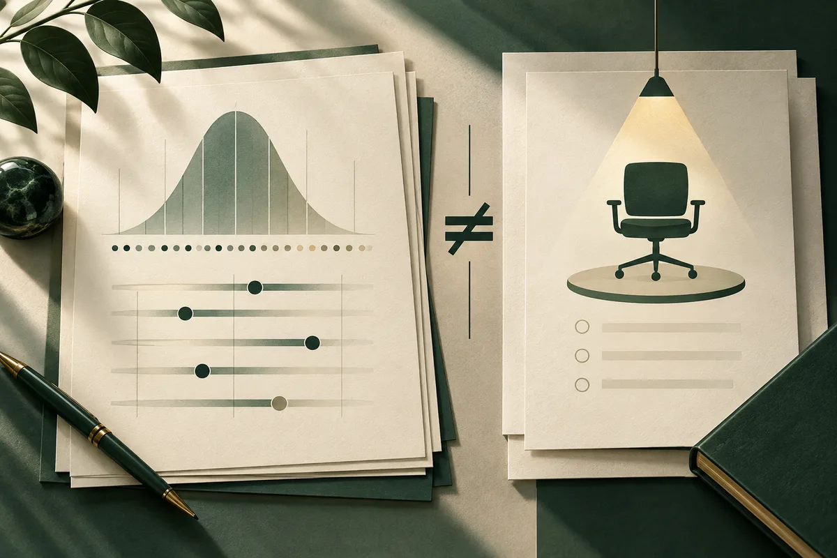 Layered papers show a bell curve and slider marks beside an office chair illustration under a lamp.
