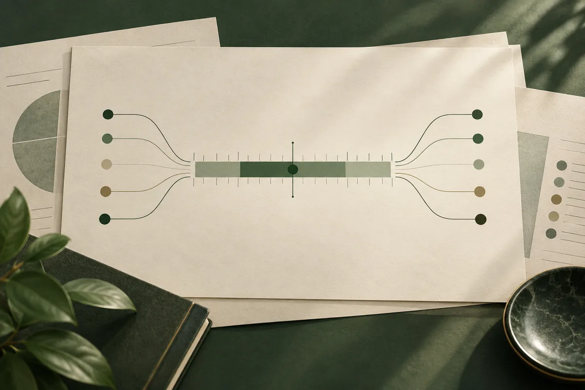 A horizontal measurement scale with colored markers and branching lines sits on a blank report page, surrounded by papers, a leafy plant, and a dark cup.