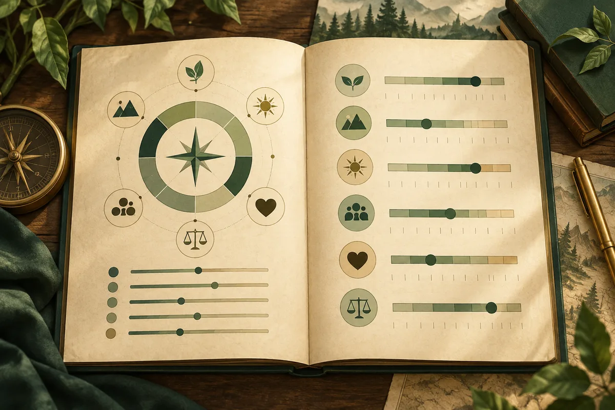 Open illustrated book showing a compass-like circular diagram with leaf, mountain, sun, group, heart, and scales symbols, alongside horizontal bar scales.