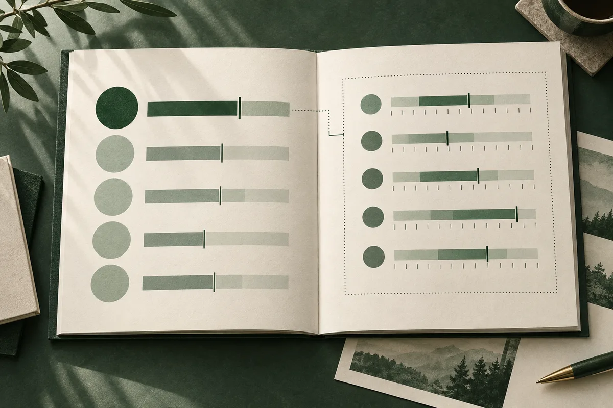Open book displaying rows of colored circles and horizontal bar scales with marker lines connected by dotted lines.