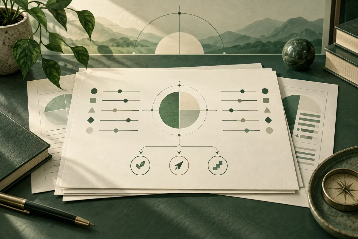 Paper sheets display a split circle, rows of lines and shapes, and three icons on a green desk, with a plant, books, a compass, and a mountain scene nearby.