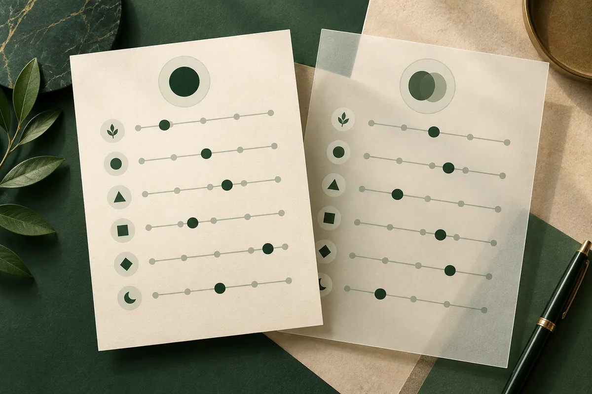Two overlapping cream report sheets show rows of icons and slider-like scales on a dark green surface, with leaves at the left and a pen at the right.