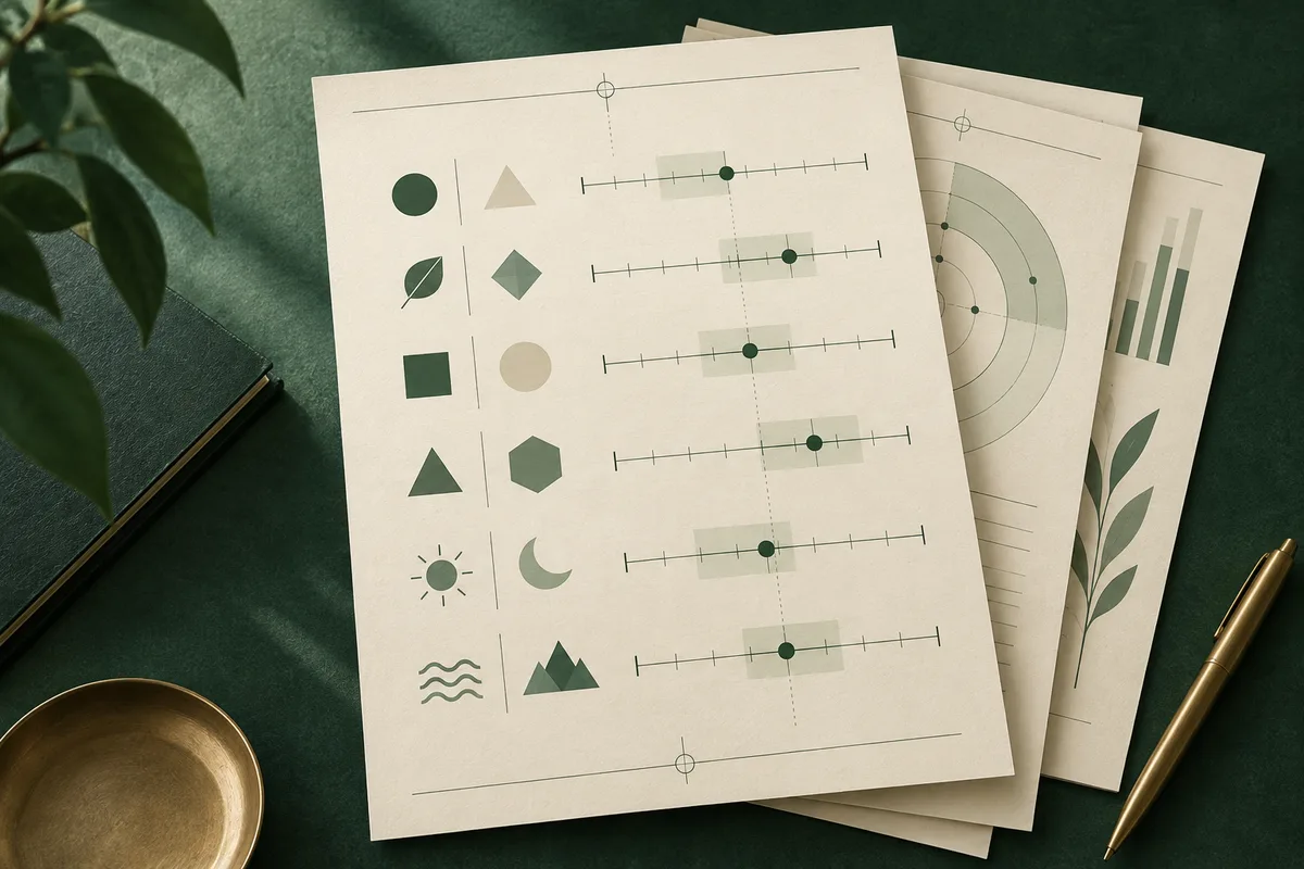 Layered cream report pages show rows of abstract shapes, horizontal rating scales, and simple circular and bar charts on a dark green tabletop, beside a pen and cup.