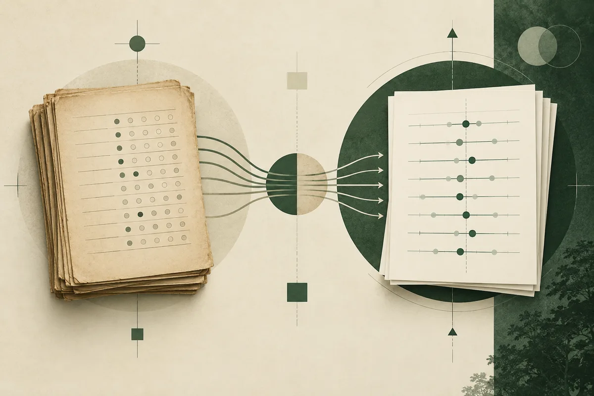 An illustration of stacked paper forms with rows of circles, connected by arrows to pages showing rows of marked scales, in cream and dark green.