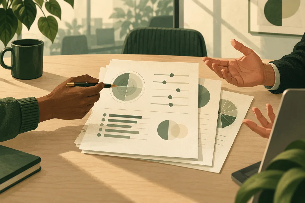 Hands gesture over printed charts with pie slices and horizontal bars on a wooden table.