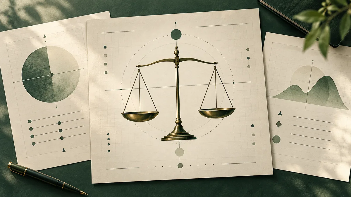 A brass balance scale sits on a cream report page, flanked by pages with a pie chart, sliders, and a green area graph; a dark green pen lies at the lower left.