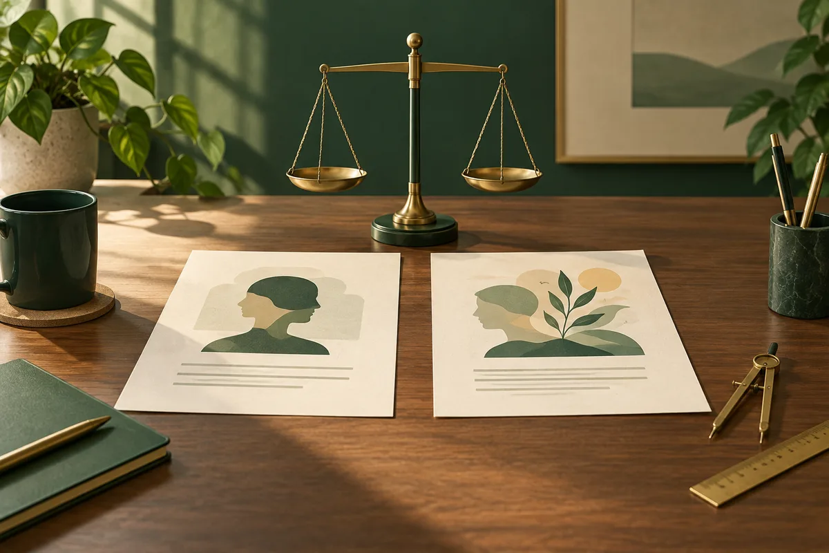 A brass balance scale stands behind two papers with abstract profile and plant illustrations on a wooden desk, alongside a mug, notebook, and drafting tools.