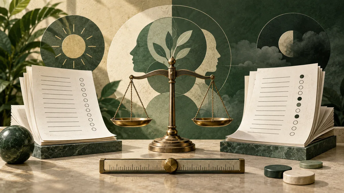 A brass balance scale stands between two open sheets with circular markers, against a green-and-parchment backdrop with profile silhouettes, a sun, and a crescent moon.