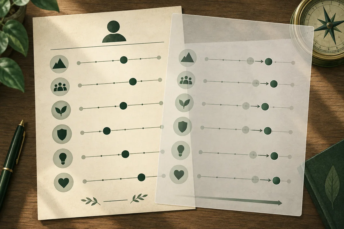 Two overlapping sheets show rows of green icons and horizontal lines with circular markers; a compass and pen rest on the wooden table nearby.