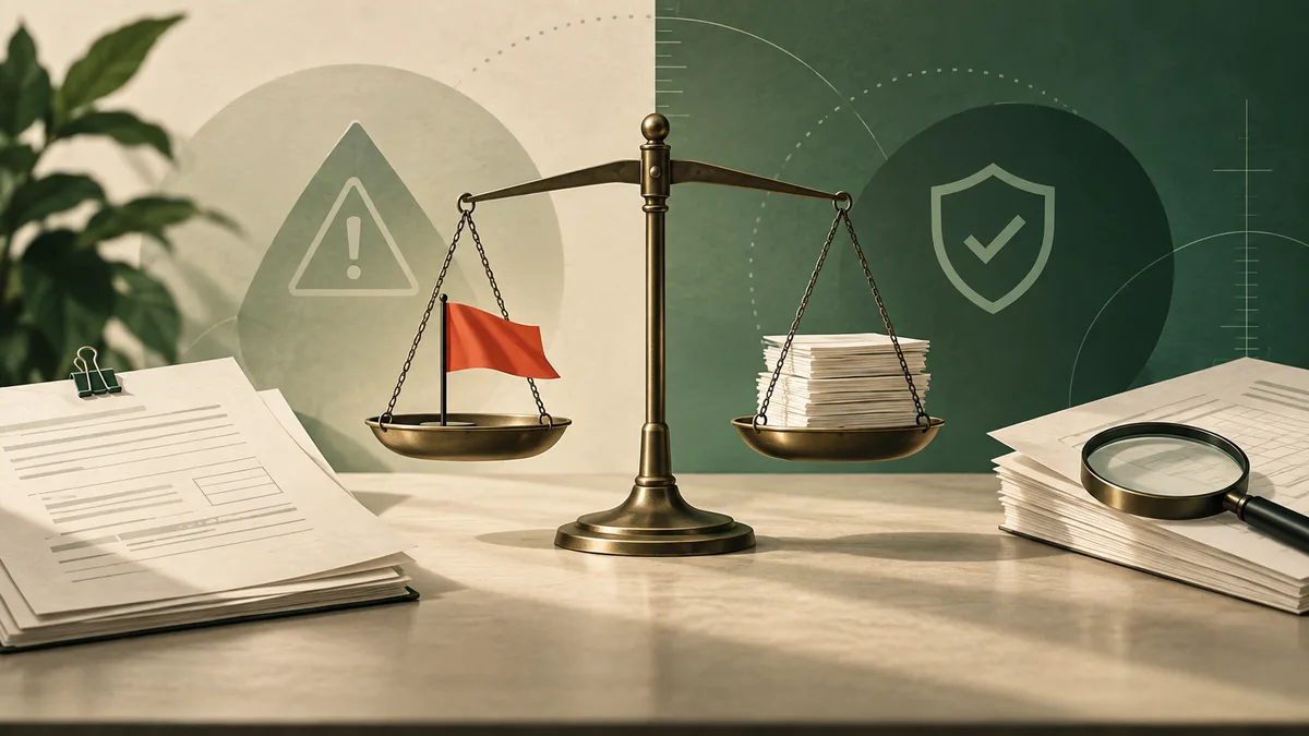 A balance scale holds a red flag on one side and a stack of papers on the other, with more papers and a magnifying glass on a desk.