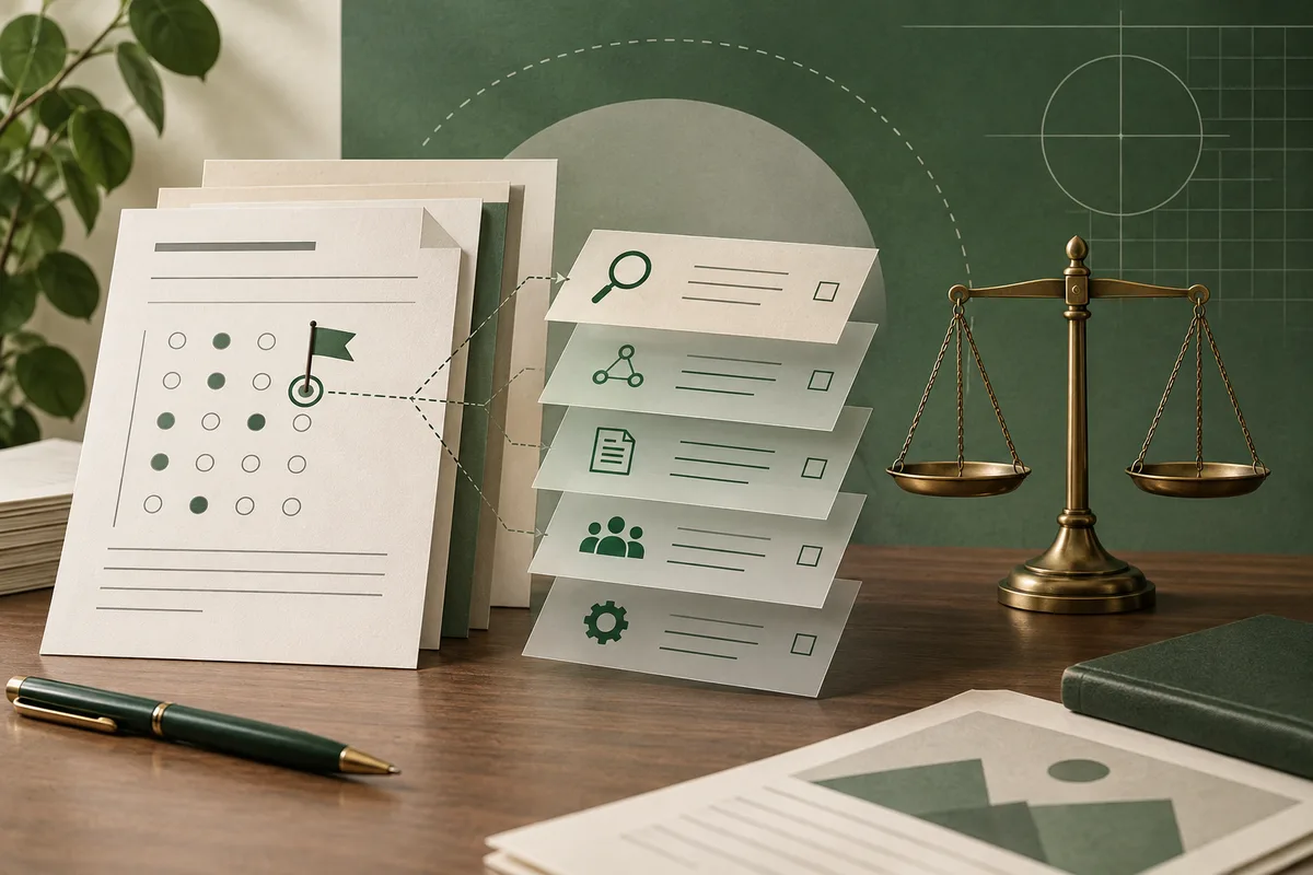 A desk scene shows a paper with a grid of dots, a stack of cards with simple icons, a balance scale, and a pen.