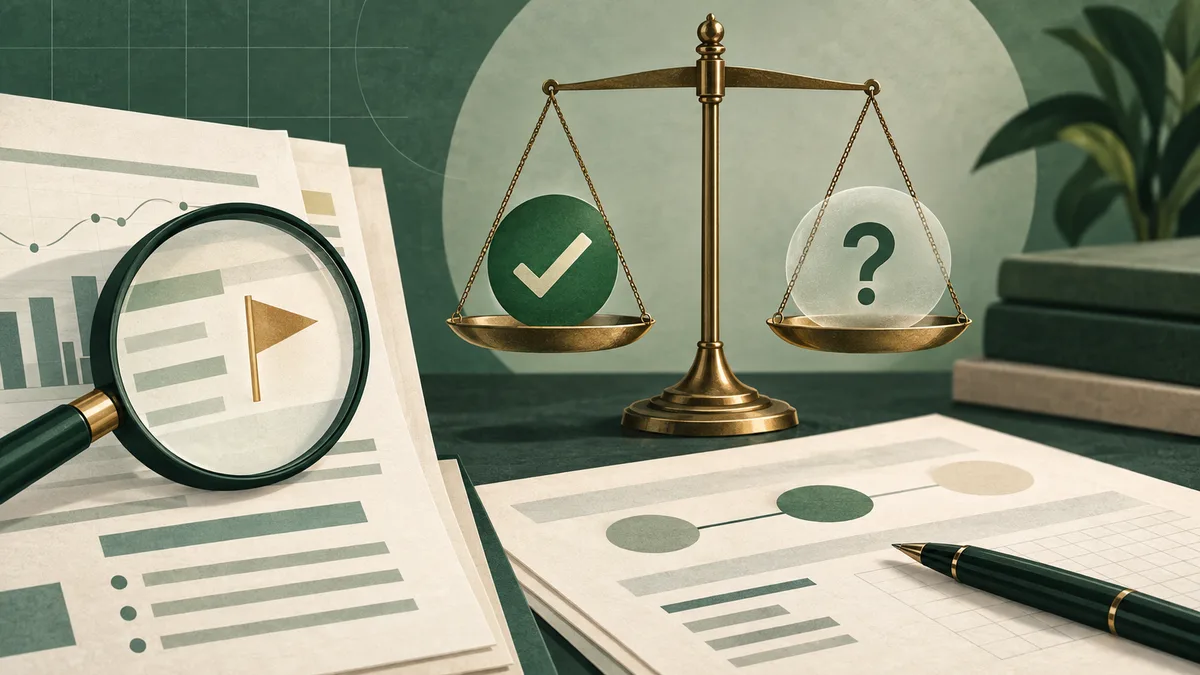 A balance scale holds a green checkmark circle on one side and a question mark circle on the other, beside papers and a magnifying glass.