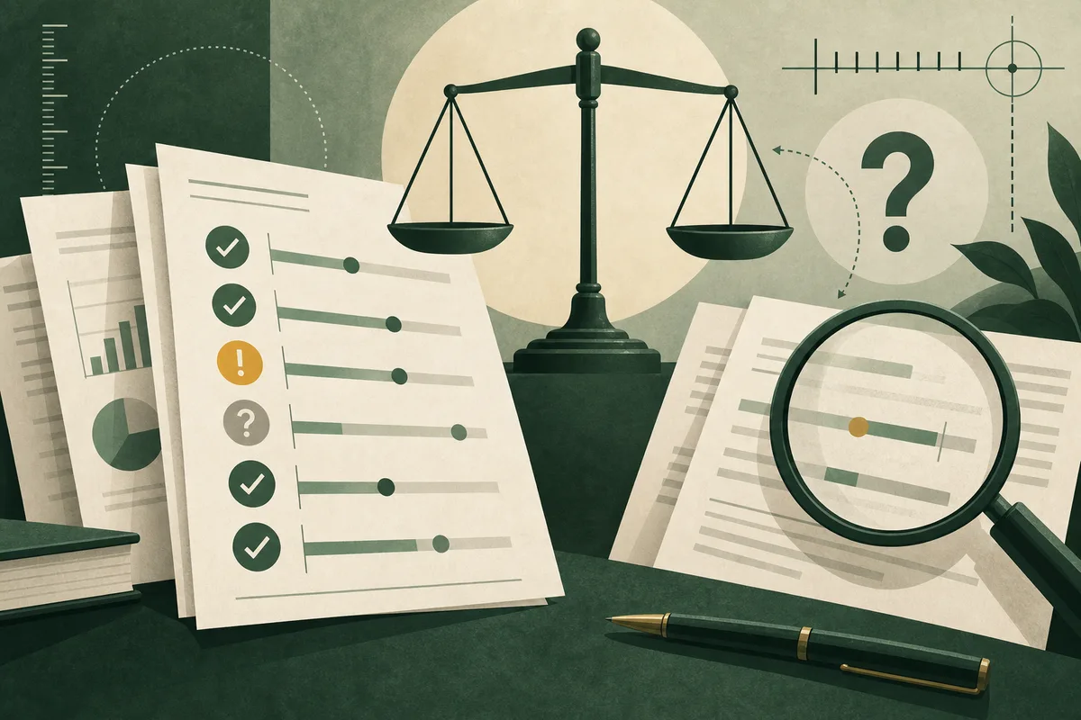 A balance scale stands behind papers marked with checkmarks, an exclamation mark, and a question mark, with a magnifying glass nearby.