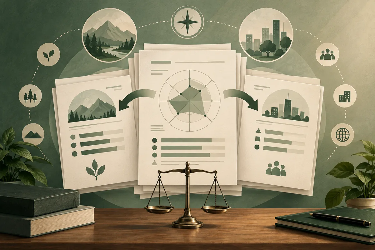Three illustrated report pages show a central radar chart, with arrows pointing toward mountain and city scenes; a balance scale, books, plants, and small icons surround them.