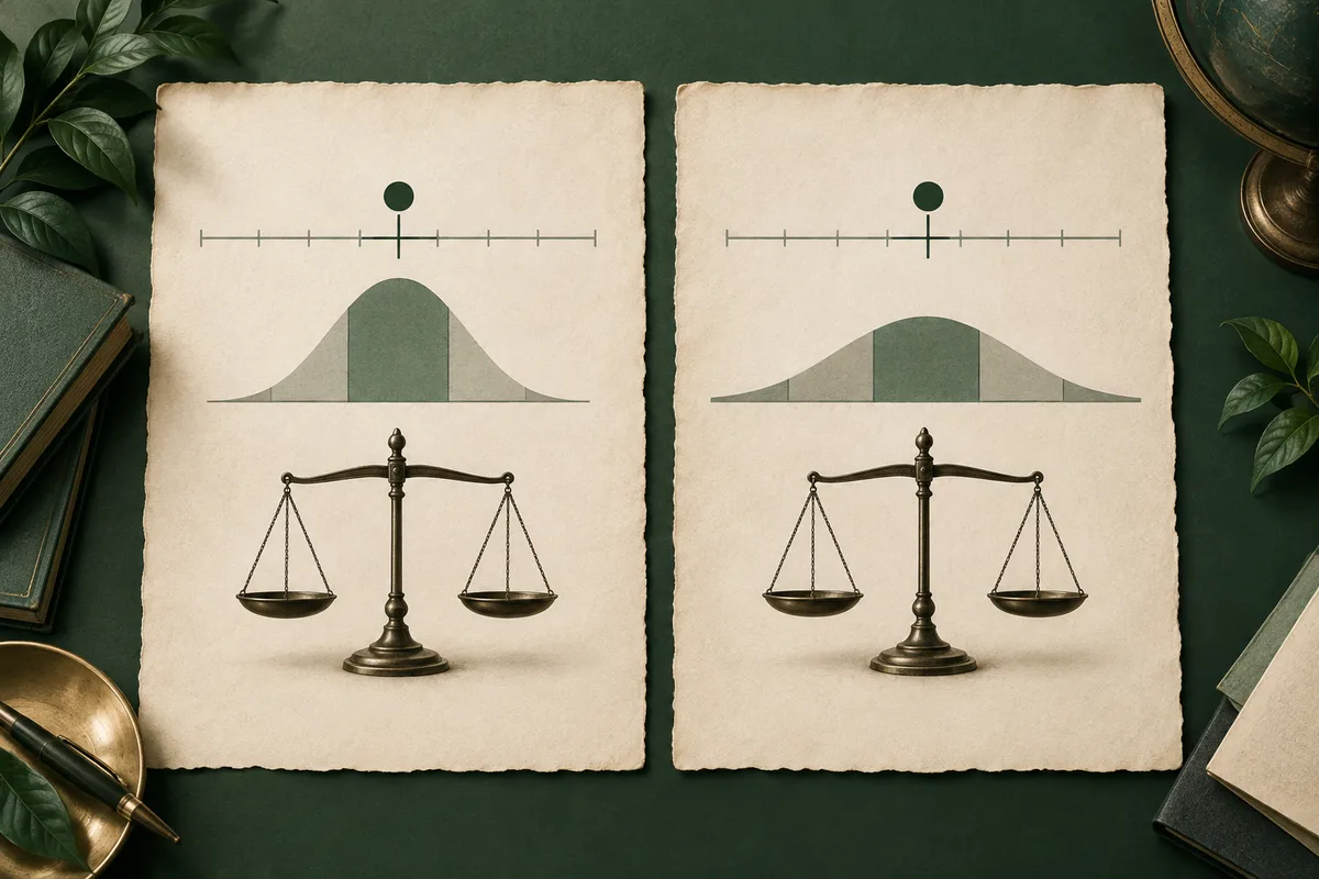 Two cream paper sheets side by side, each showing a green bell-shaped curve, a horizontal scale with a dot, and a balance scale.