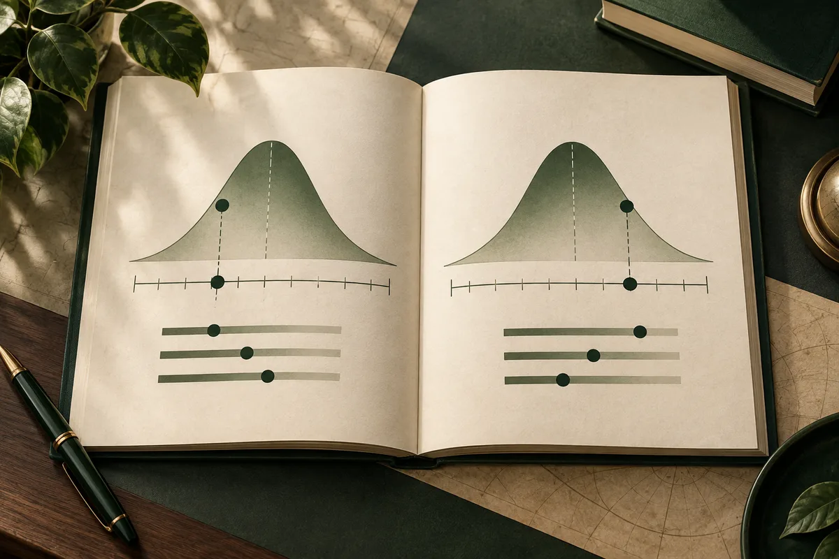 An open book displaying two green bell-shaped curves with marked points, horizontal scales, and rows of green bars.
