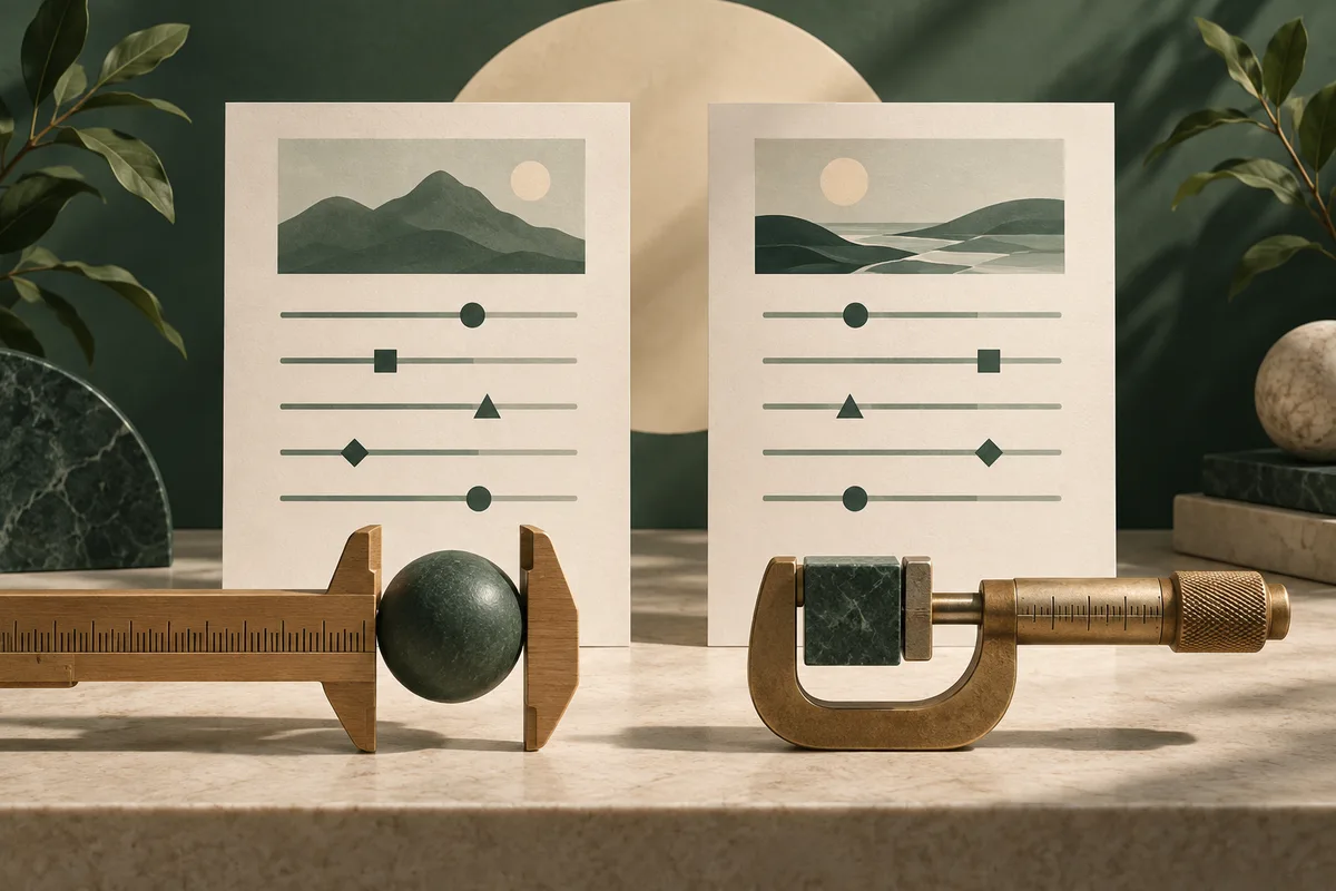 Two cream sheets show abstract landscapes above rows of sliders, with a ruler and measuring caliper in the foreground.