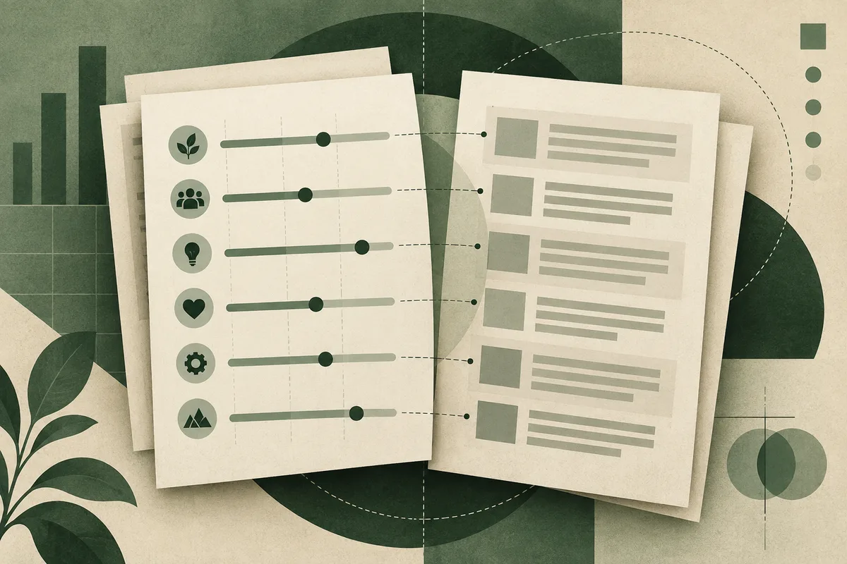 Two overlapping cream sheets show six green slider bars with icons, linked by dotted lines to rows of squares and short bars; dark green geometric shapes and leaves fill the background.