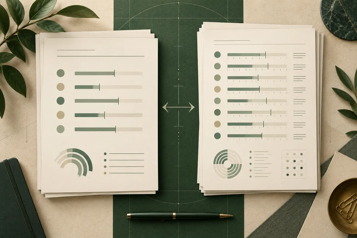 Two cream report sheets display rows of colored bars, circular diagrams, and small dot grids on a green and stone surface, with a pen below and leaves at the side.