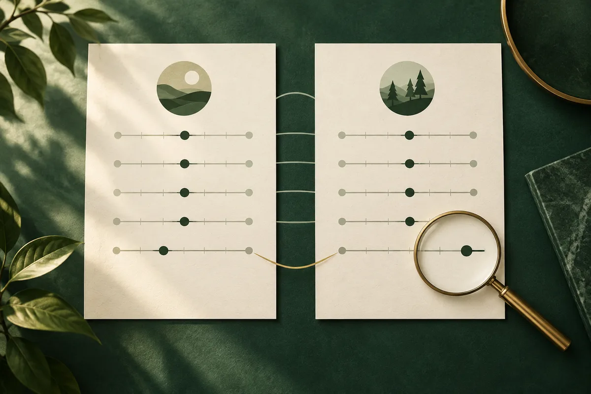 Two cream report sheets with rows of horizontal scales and green markers sit on a dark green surface. Circular landscape illustrations appear above the scales, and a magnifying glass enlarges a marker on the right sheet.