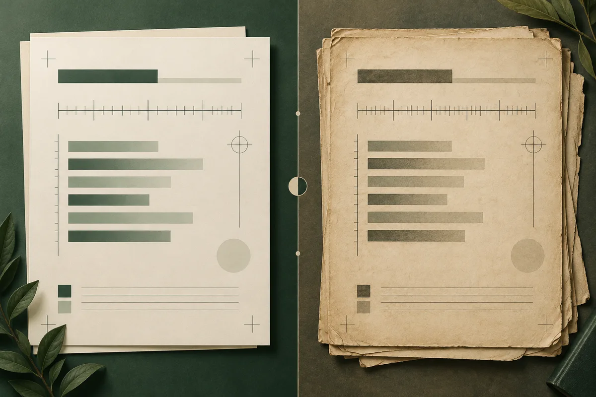 Two abstract report sheets sit side by side: clean cream pages on a dark green background and aged parchment pages, both with bars and ruler-like markings; leaves frame the corners.