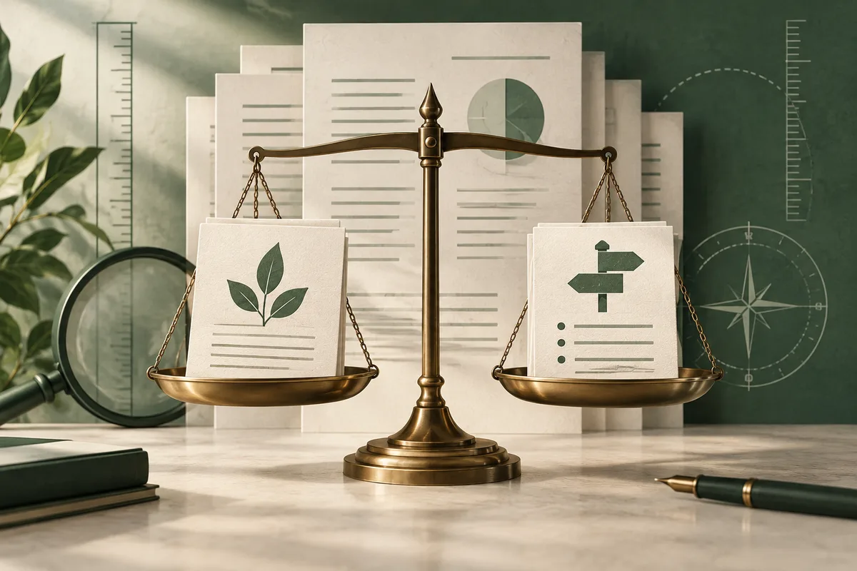 A brass balance scale holds two cards, one with a leaf symbol and the other with a signpost. Report pages, a magnifying glass, books, a pen, rulers and a compass surround it.