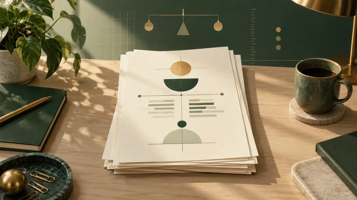 A stack of cream report pages with geometric scales and bars sits on a wooden desk beside a plant, notebook, and coffee cup.