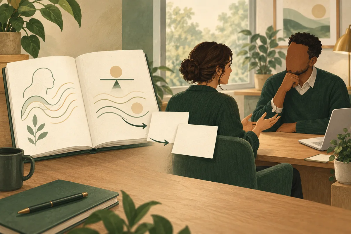 A woman gestures while speaking with a man at a desk beside an open book with abstract diagrams and arrows.