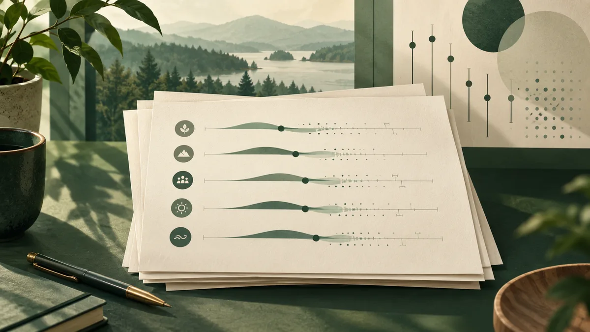 Cream-colored papers with green dot-and-line charts lie on a desk beside a pen, with a lake and mountains visible through the window.