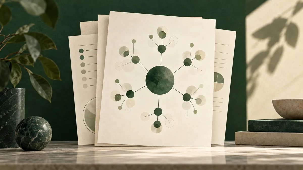 Overlapping cream report sheets display a green circle connected to smaller circles by fine lines, with partial charts against a dark green background.