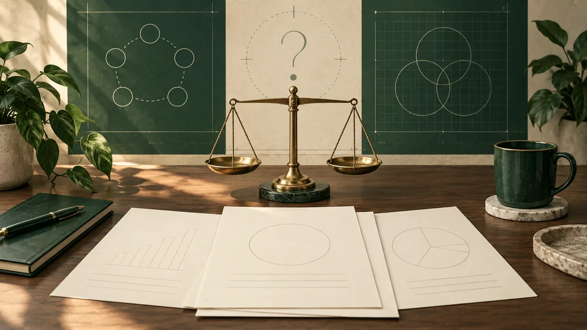 A brass balance scale stands on a desk before green boards with circle diagrams; papers with simple charts, a plant, books, and a mug surround it.